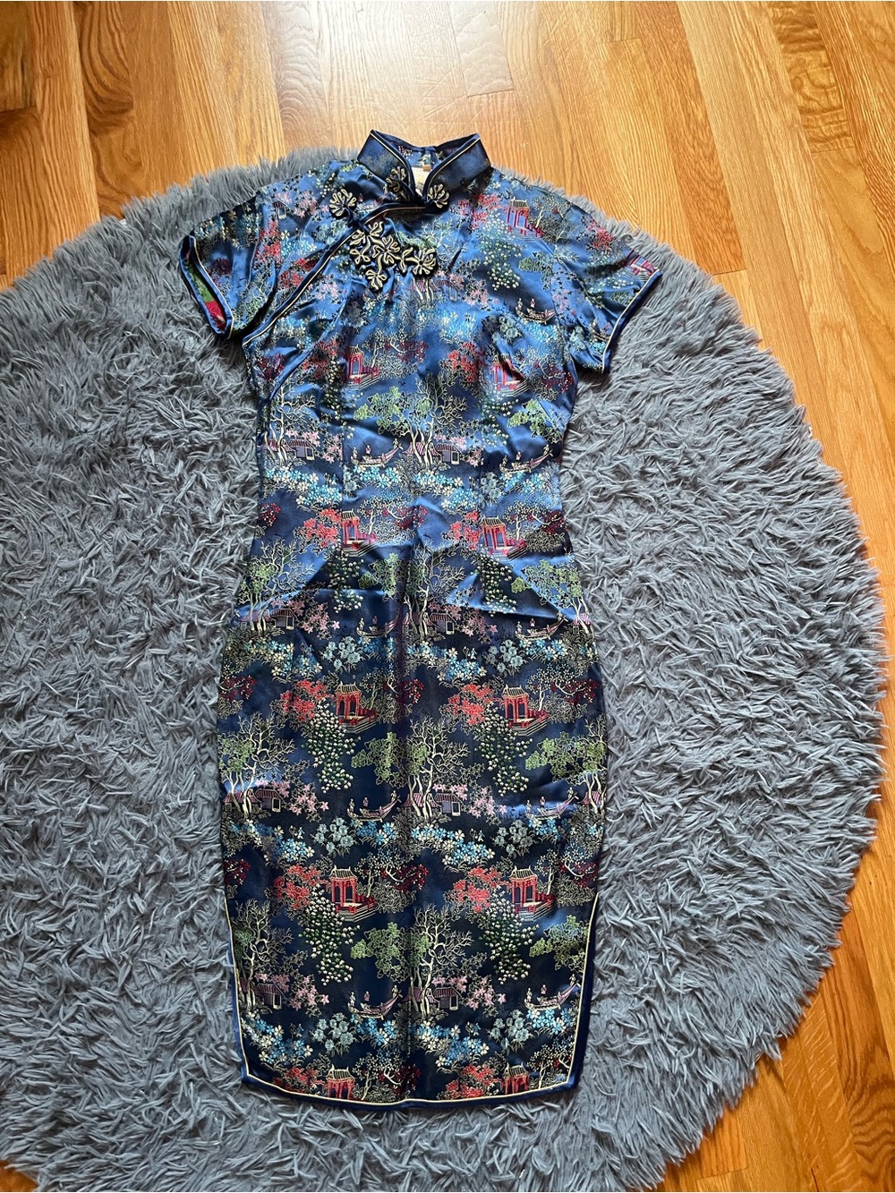 Vintage Peony Navy Floral Jacquard Cheongsam Chinese Dress Size S